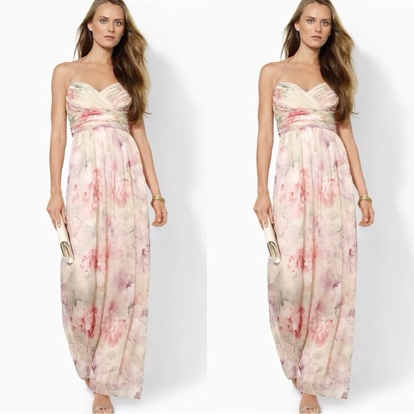 Ralph Lauren Dresses & Skirts - Ralph Lauren Pink Floral Sweetheart Neckline Halter Maxi Dress (Size 8)